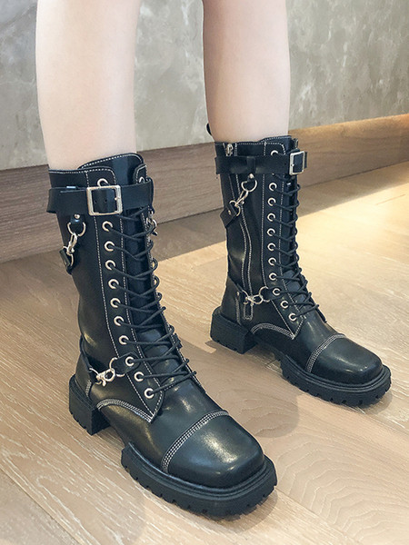 Дамски черни боти с връзки и метални елементи