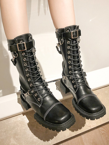 Дамски черни боти с връзки и метални елементи