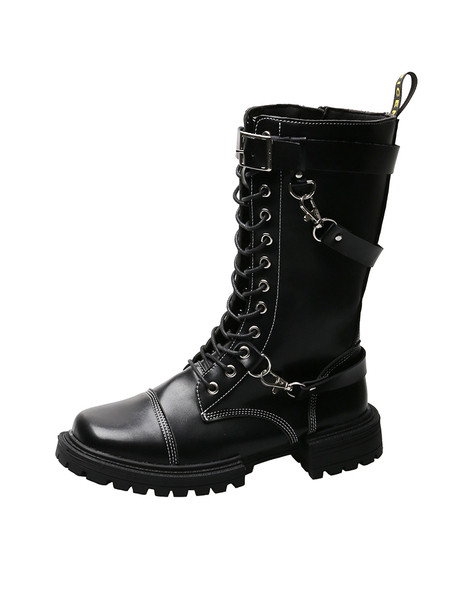 Дамски черни боти с връзки и метални елементи