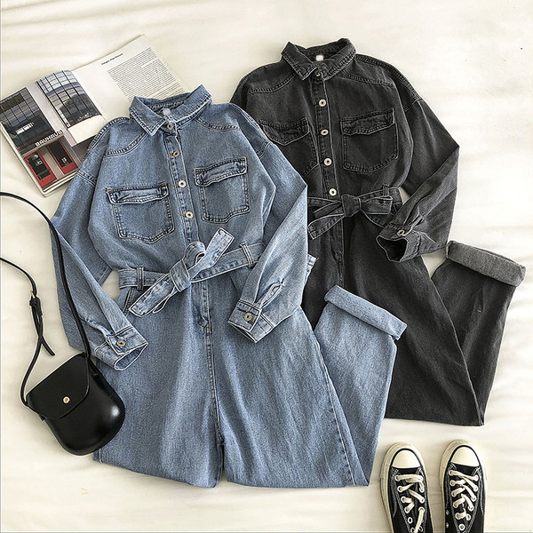 Дънков дамски гащеризон с колан и джобове