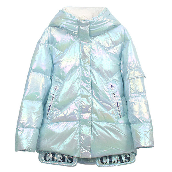 Дамско зимно яке с лъскав ефект и качулка 