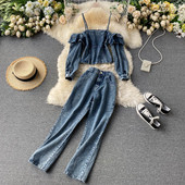 Дънков дамски комплект от блуза и панталон