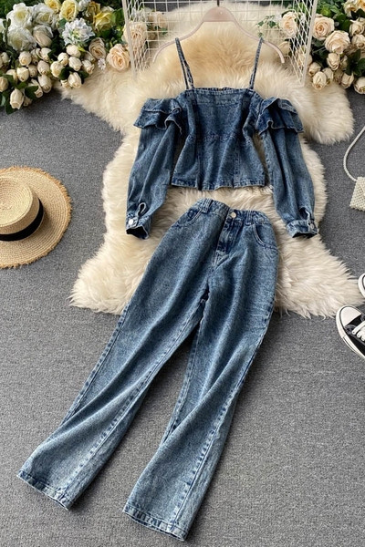 Дънков дамски комплект от блуза и панталон 