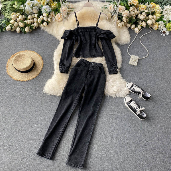 Дънков дамски комплект от блуза и панталон 