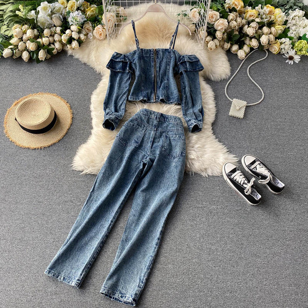 Дънков дамски комплект от блуза и панталон 