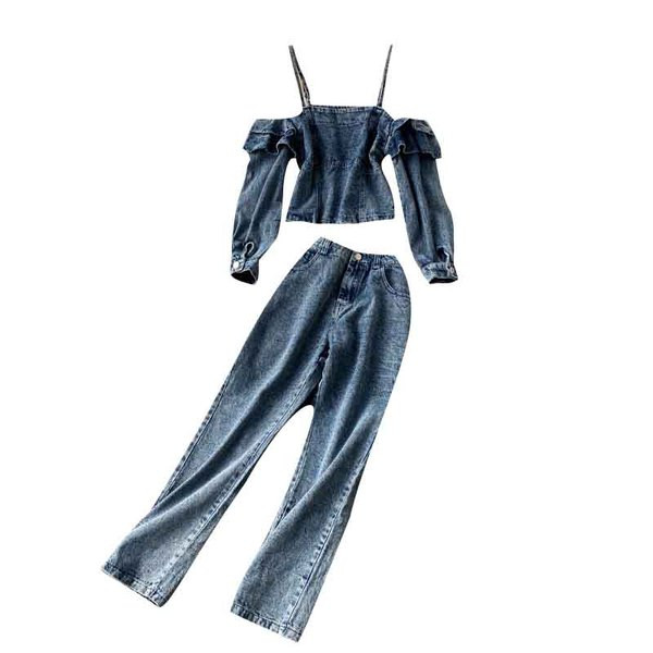 Дънков дамски комплект от блуза и панталон 