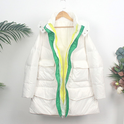 Moderna ženska duga zimska jakna s kapuljačom i džepovima