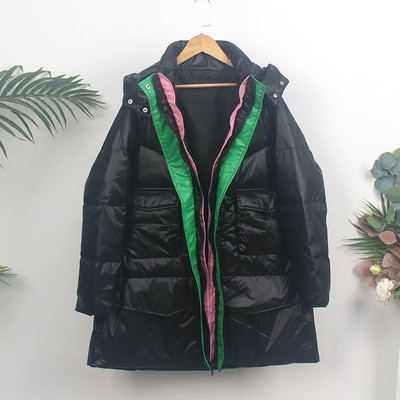 Moderna ženska duga zimska jakna s kapuljačom i džepovima