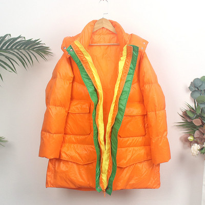 Модерно дамско дълго зимно яке с качулка и джобове