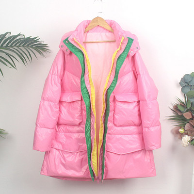 Модерно дамско дълго зимно яке с качулка и джобове