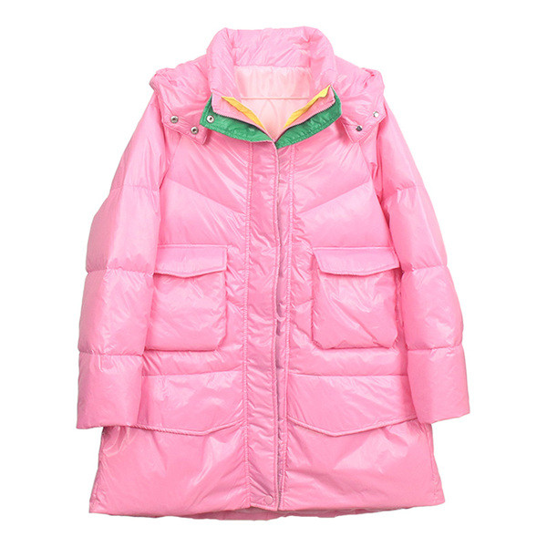 Модерно дамско дълго зимно яке с качулка и джобове 