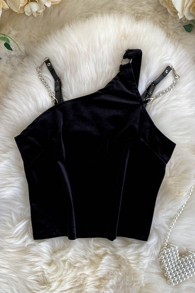 Черен дамски потник с метални презрамки 