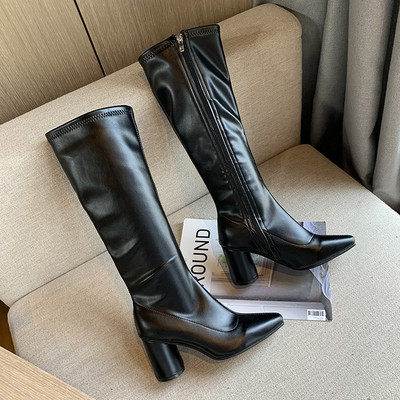 Дамски ботуши с дебел 8см ток - заострен модел