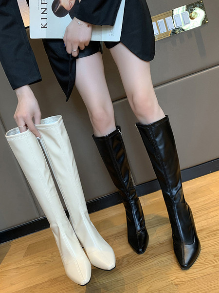 Дамски ботуши с дебел 8см ток - заострен модел