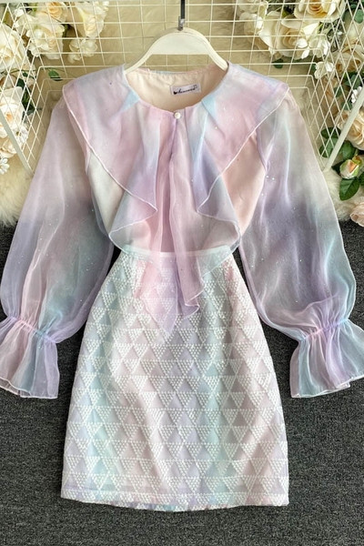 Модерен дамски многоцветен комплект от риза и пола 