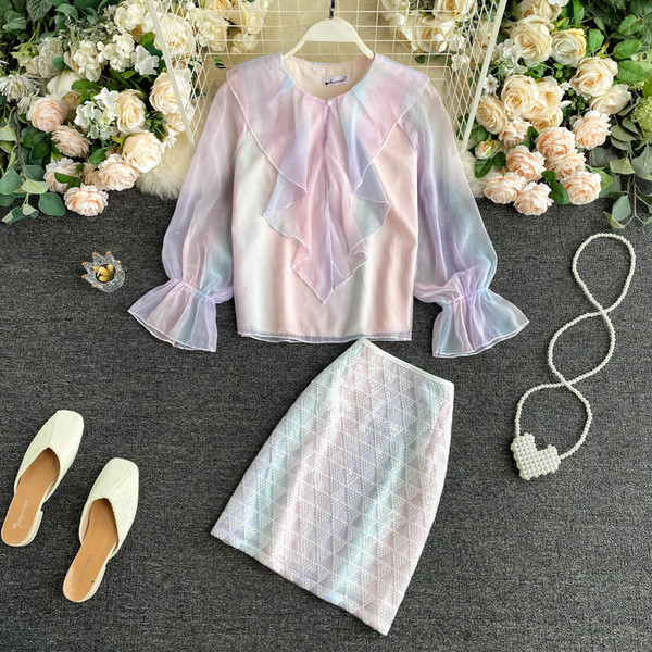 Модерен дамски многоцветен комплект от риза и пола 