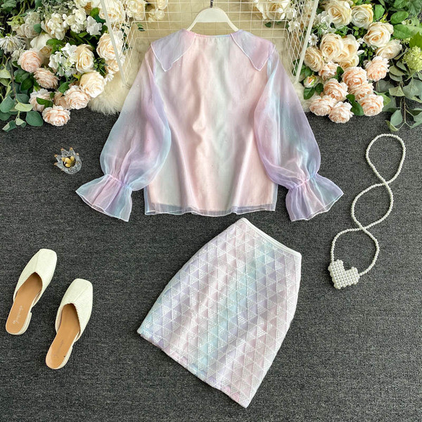 Модерен дамски многоцветен комплект от риза и пола 