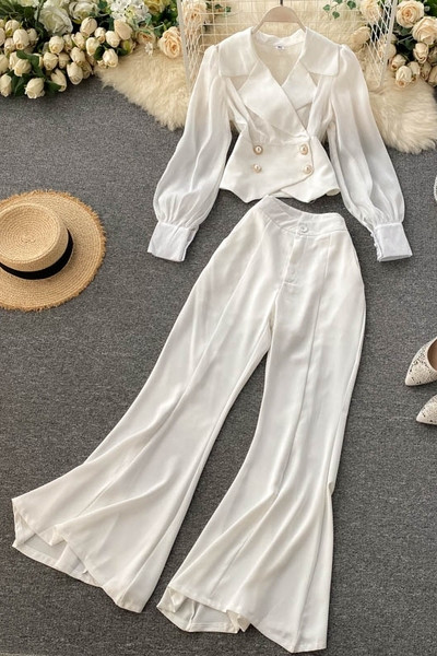 Дамски комплект от панталон с висока талия и сако 