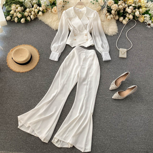 Дамски комплект от панталон с висока талия и сако 