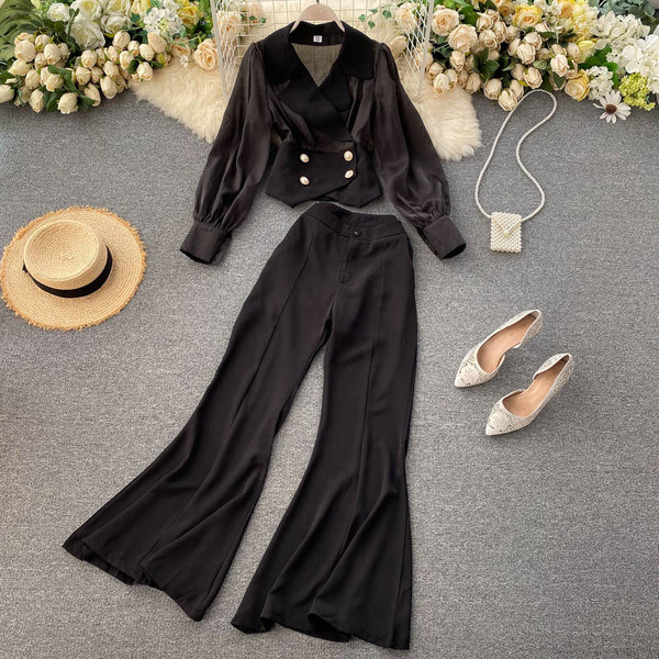 Дамски комплект от панталон с висока талия и сако 