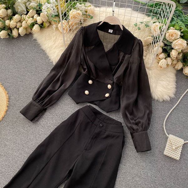 Дамски комплект от панталон с висока талия и сако 