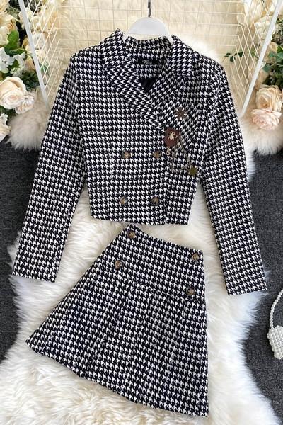 Ретро дамски кариран комплект от сако и пола с висока талия 