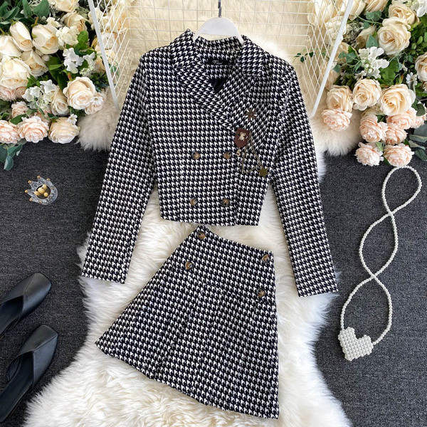 Ретро дамски кариран комплект от сако и пола с висока талия 