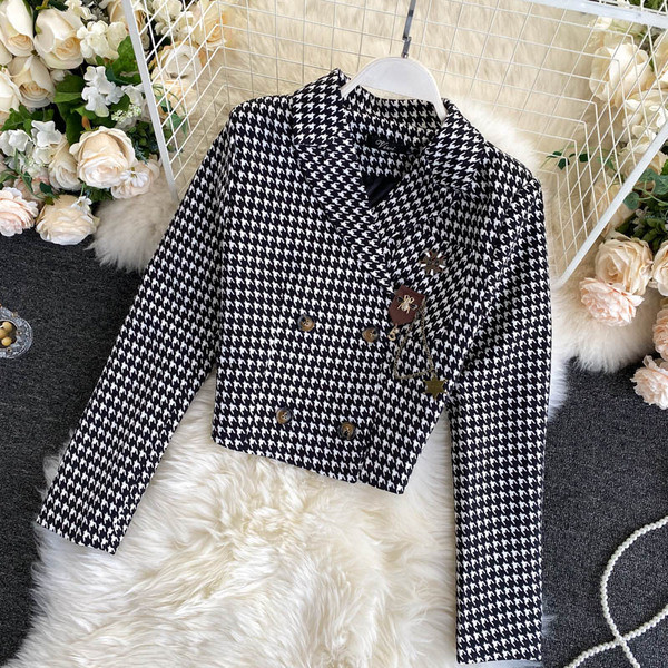 Ретро дамски кариран комплект от сако и пола с висока талия 