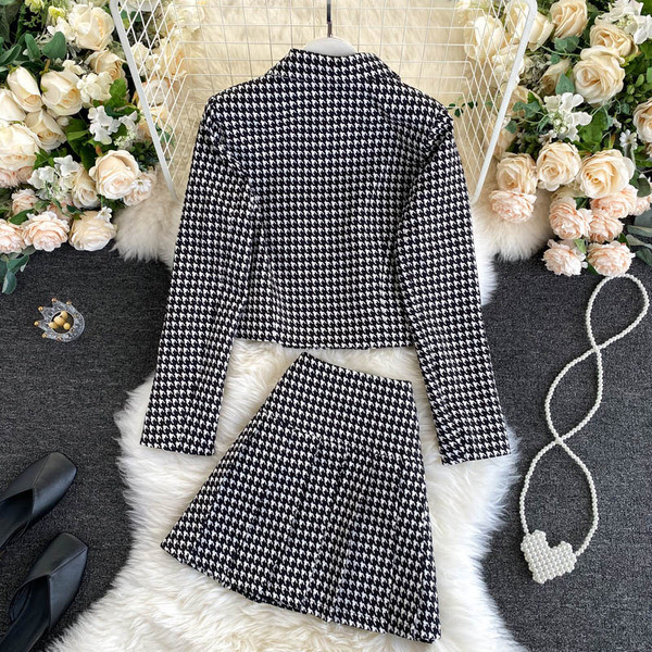 Ретро дамски кариран комплект от сако и пола с висока талия 