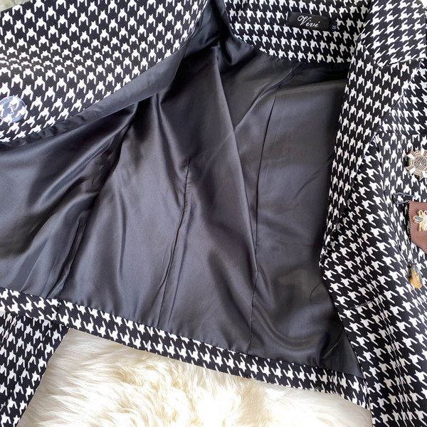 Ретро дамски кариран комплект от сако и пола с висока талия 