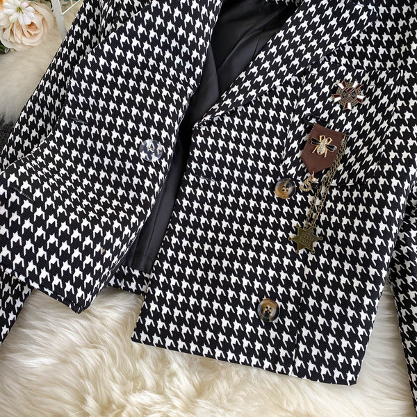 Ретро дамски кариран комплект от сако и пола с висока талия 