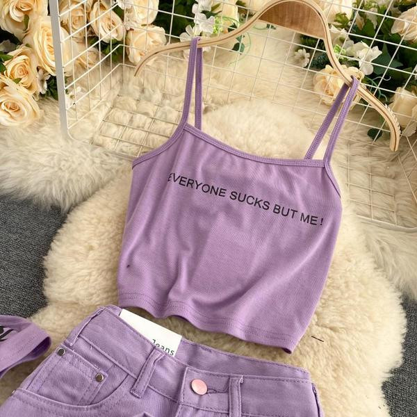 Лилав дамски комплект от пола и блуза с паднали ръкави и презрамки 