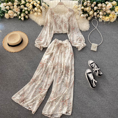 Ежедневен дамски комплект от блуза с падащи ръкави и панталон