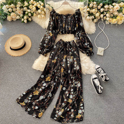 Ежедневен дамски комплект от блуза с падащи ръкави и панталон