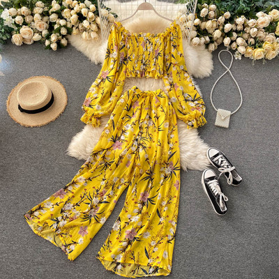 Ежедневен дамски комплект от блуза с падащи ръкави и панталон