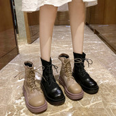 Кожени дамски зимни боти с връзки 