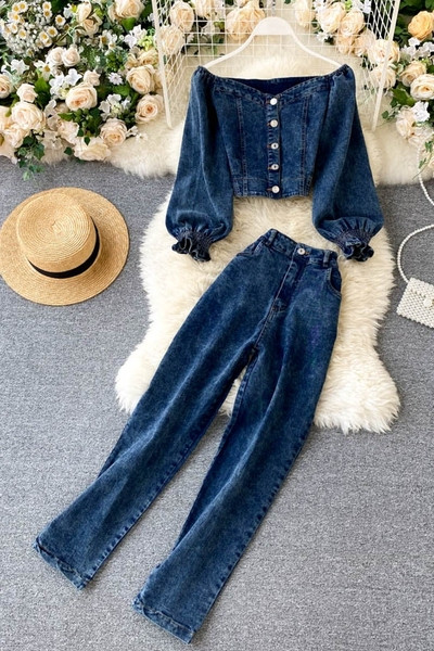 Син дамски комплект от блуза и панталон 