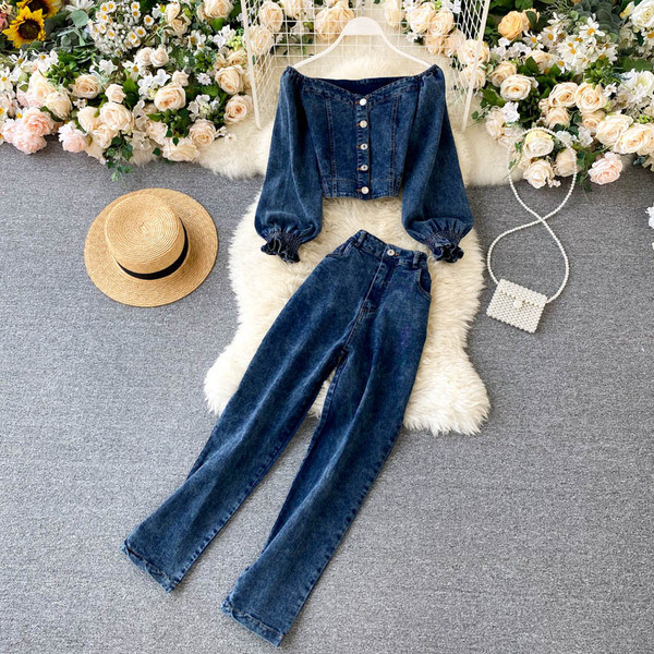 Син дамски комплект от блуза и панталон 