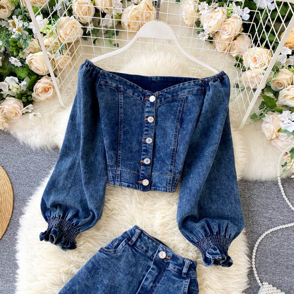 Син дамски комплект от блуза и панталон 