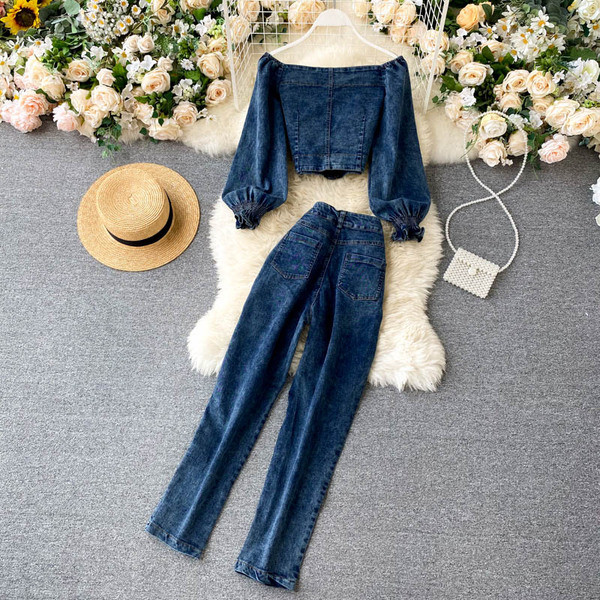 Син дамски комплект от блуза и панталон 