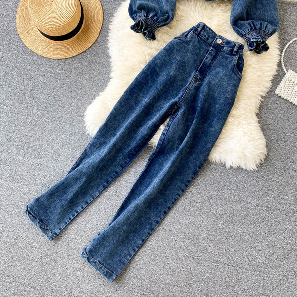 Син дамски комплект от блуза и панталон 