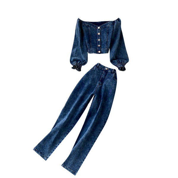 Син дамски комплект от блуза и панталон 