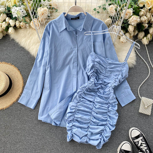 Модерен дамски комплект от рокля и риза 