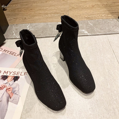 Стилни дамски боти с лъскави частици и панделка