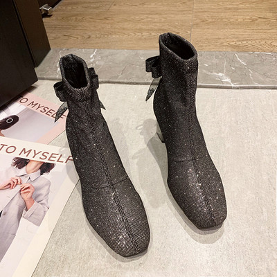 Стилни дамски боти с лъскави частици и панделка