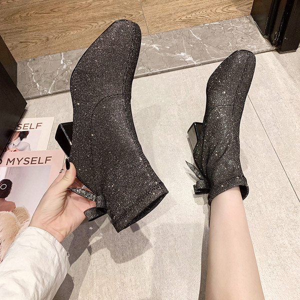 Стилни дамски боти с лъскави частици и панделка 