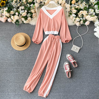 Ежедневен дамски комплект от блуза с шпиц деколте и панталон с връзки