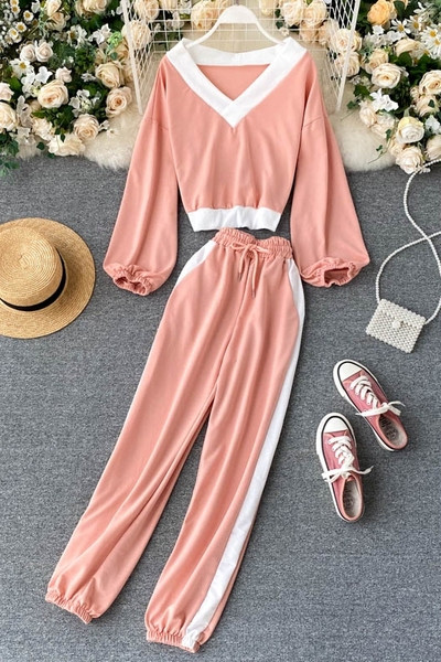 Ежедневен дамски комплект от блуза с шпиц деколте и панталон с връзки 