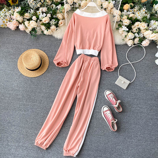 Ежедневен дамски комплект от блуза с шпиц деколте и панталон с връзки 