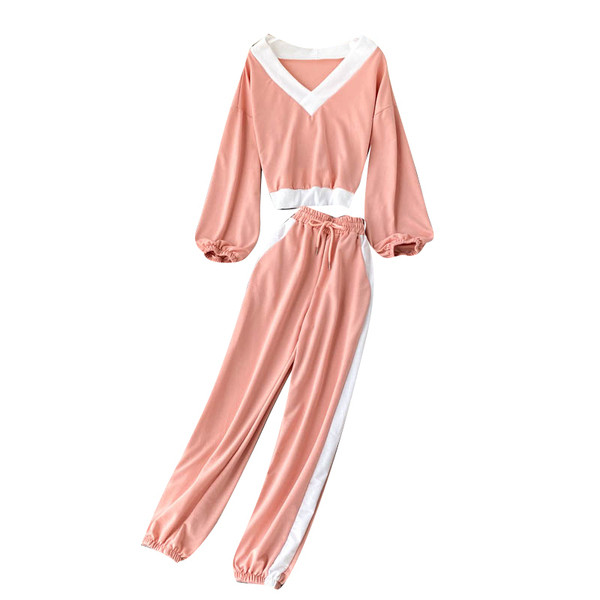 Ежедневен дамски комплект от блуза с шпиц деколте и панталон с връзки 